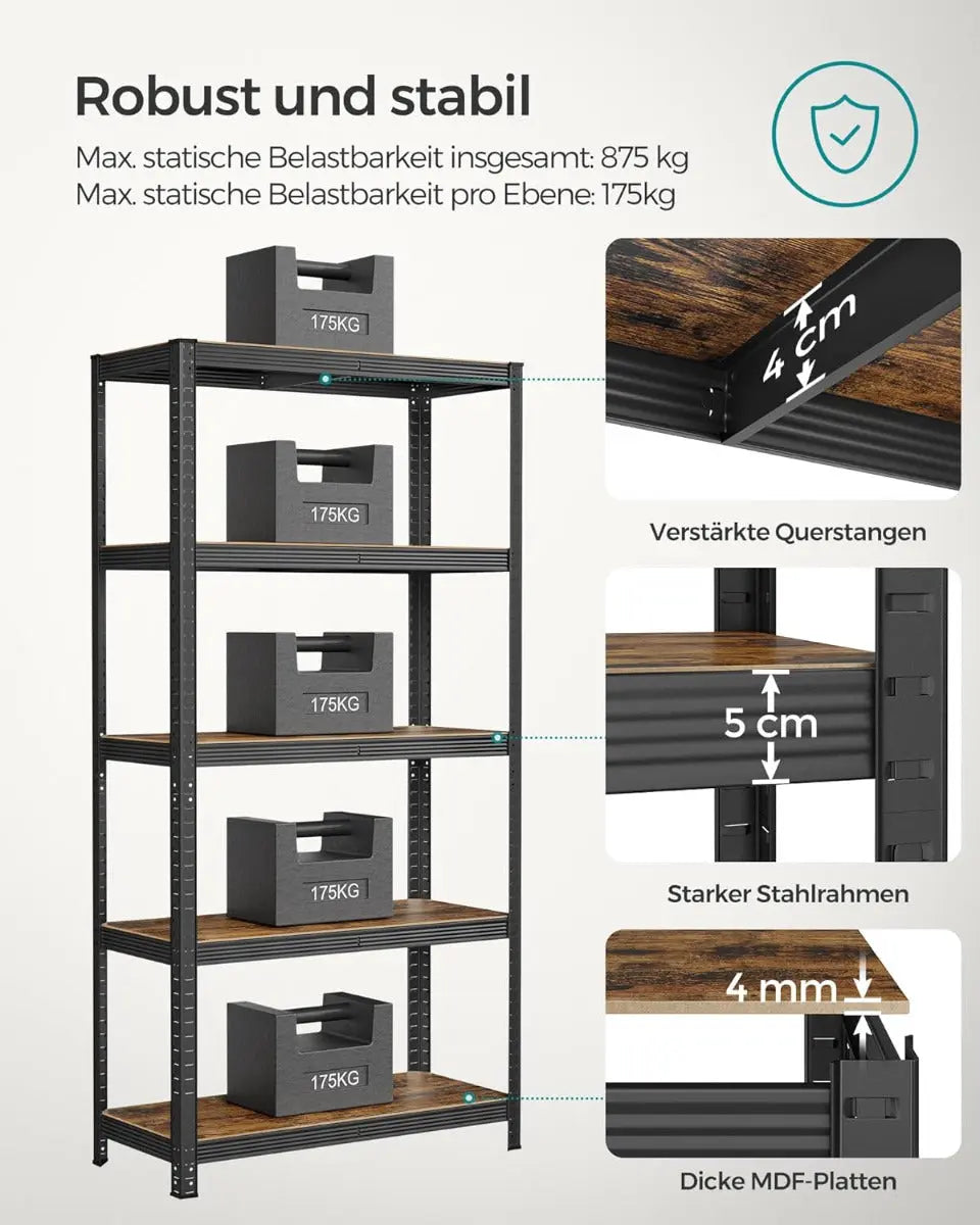 Standregal Industrie-Design mit 5 Ablagen, bis 875 kg belastbar, Vintagebraun-Schwarz von Songmics