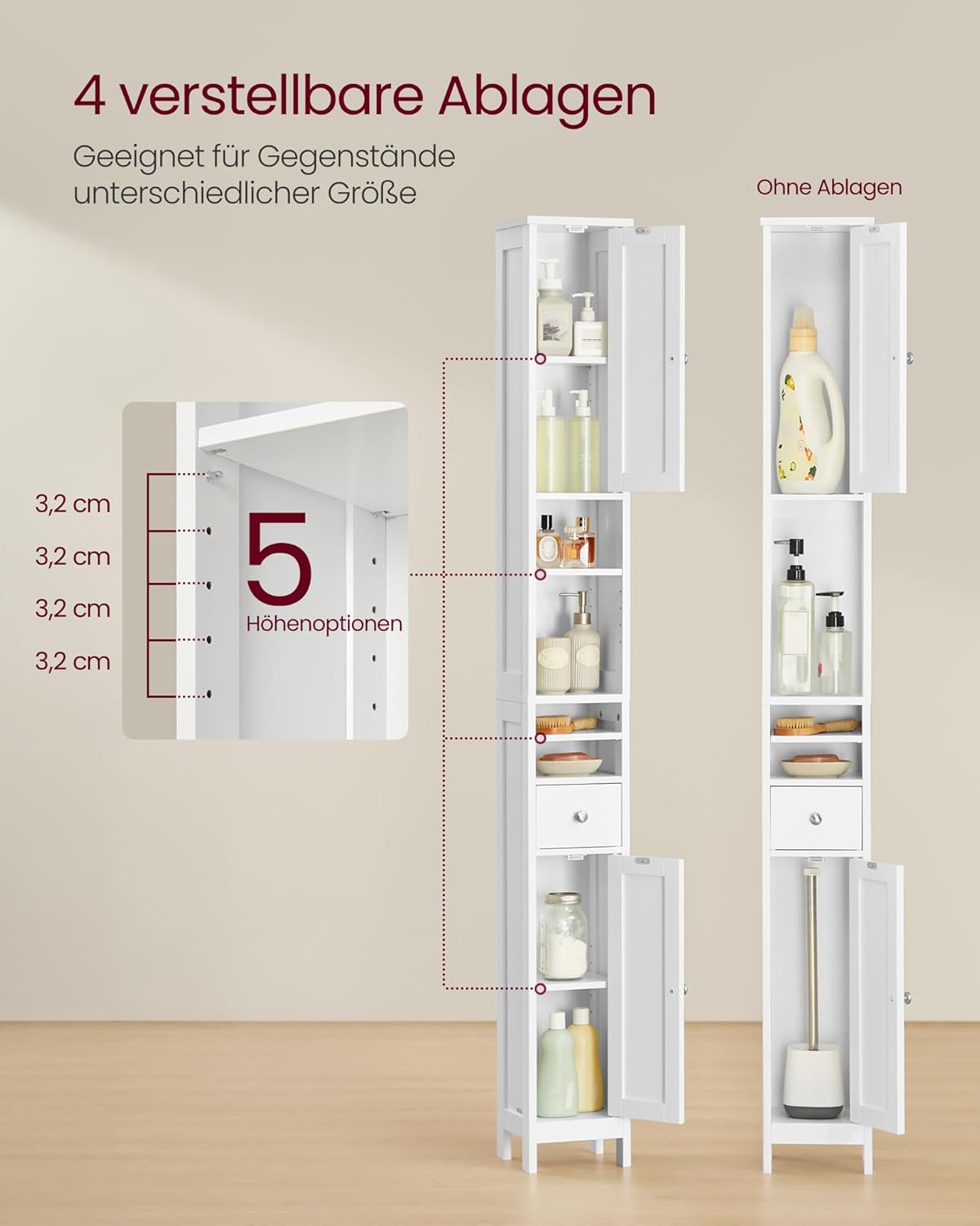 Badezimmerschrank hoch schmal mit Schublade und Ablagen weiß von Songmics