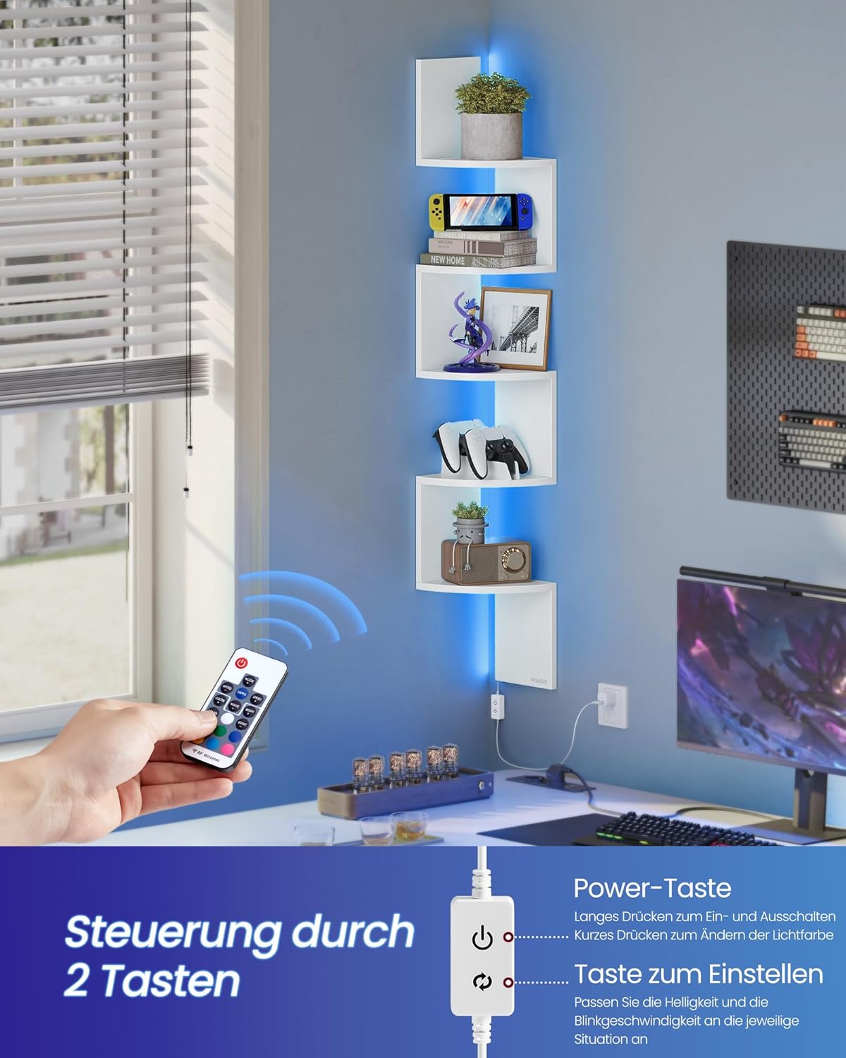 Eckregal mit LED 5 Ebenen Wandregal Schweberegal Weiß von Songmics