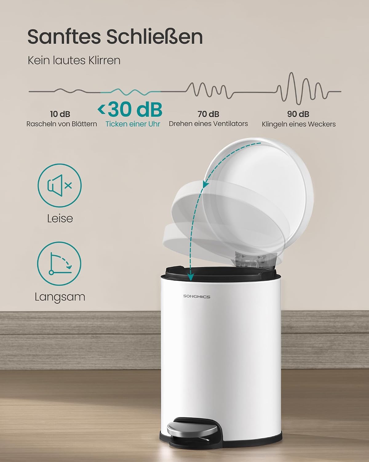 Badezimmereimer 3 l Treteimer Soft-Close Wolkenweiss von Songmics