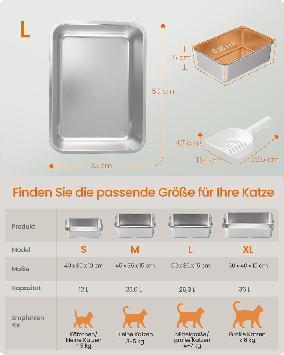 Katzentoilette Edelstahl offen 50x35x15 cm Silbergrau von Songmics