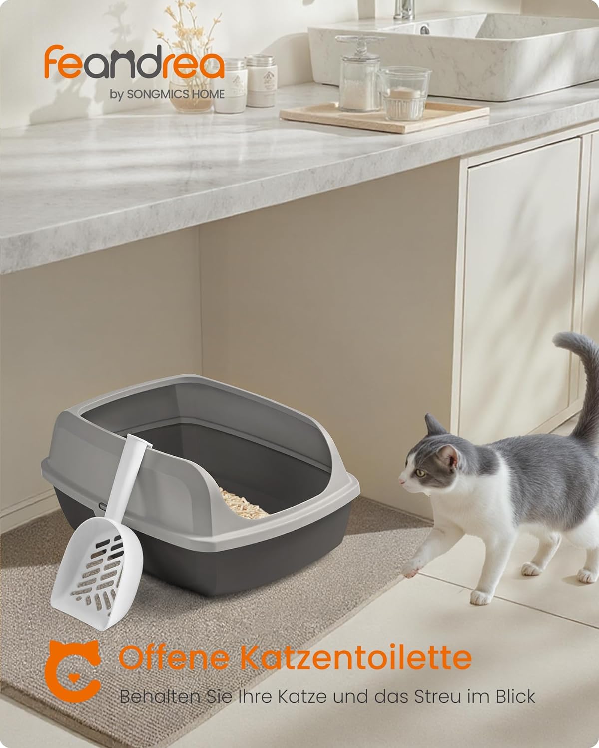 Katzentoilette XL offen hohe Seitenwände mit Schaufel grau von Songmics