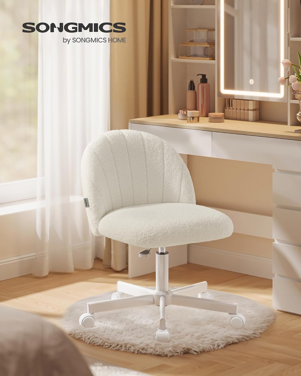 Bürostuhl Drehstuhl Teddyfleece Cremeweiss 44-59 cm von Songmics
