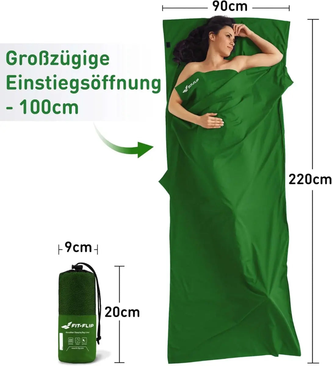 Hüttenschlafsack Mikrofaser ultraleicht mit Kissenfach 90x220cm Waldgrün von guteszeug.ch
