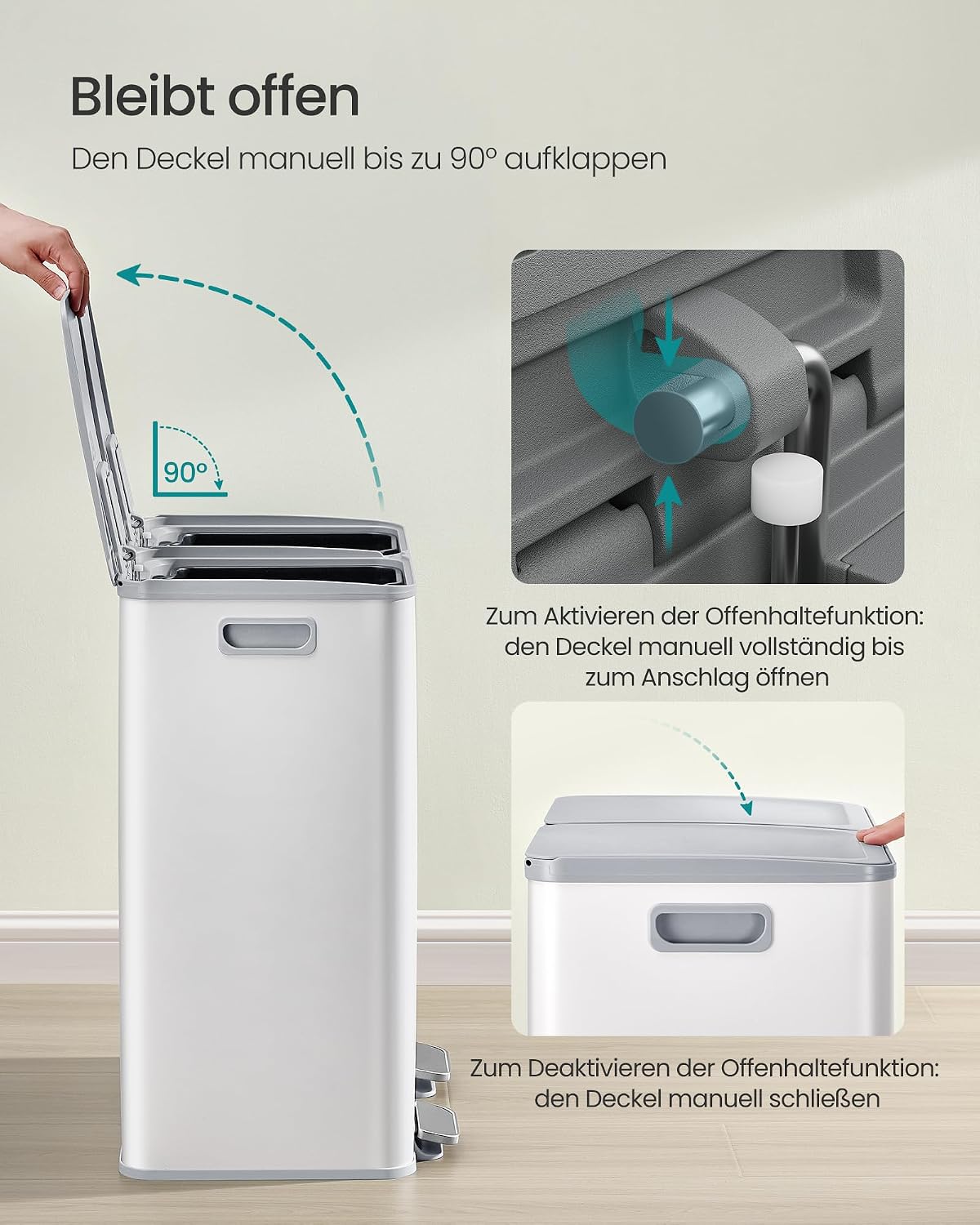 Abfalleimer 60 l 2 Fächer Treteimer Mülltrennung Weiss von Songmics