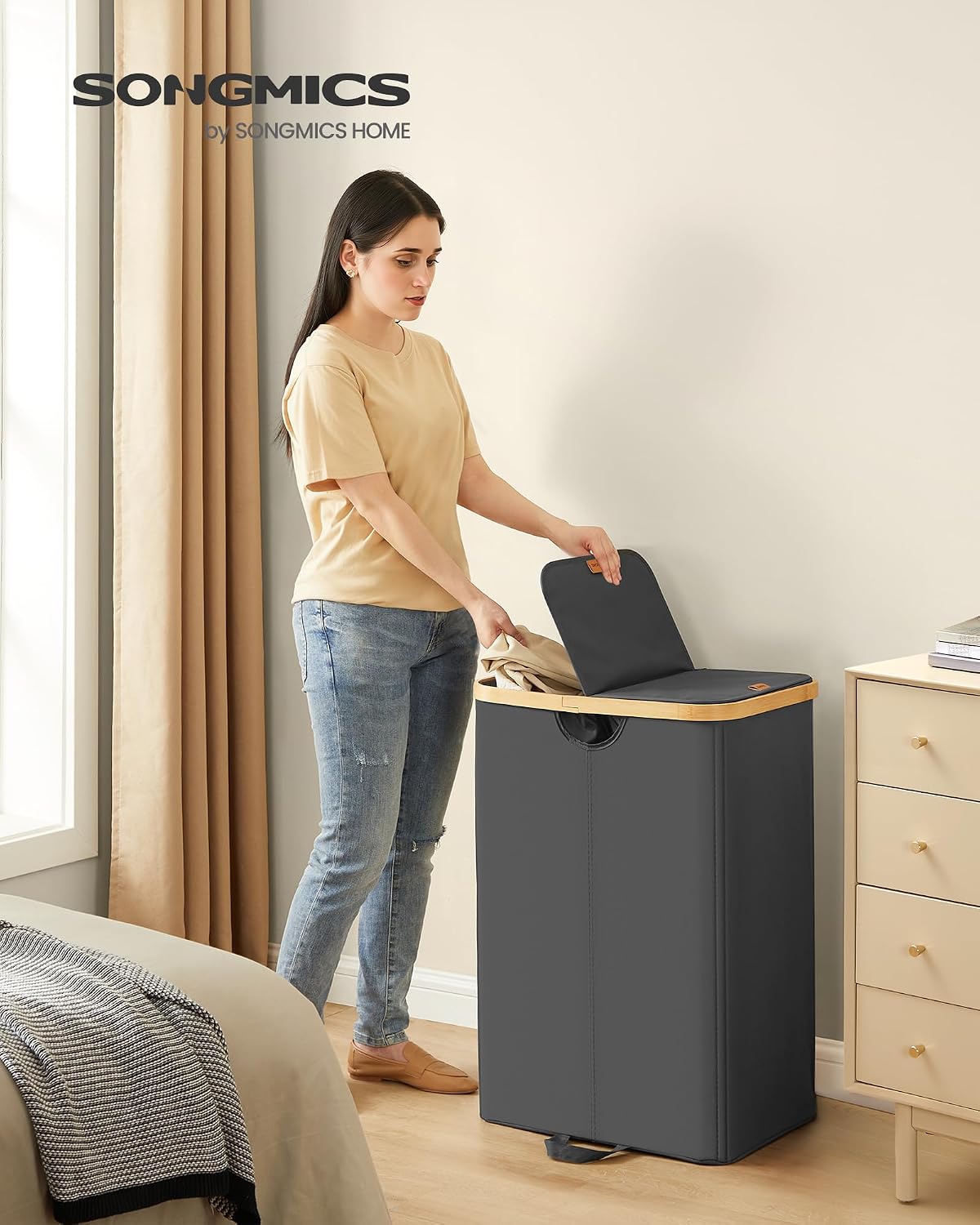 Wäschesammler 2 Fächer 150 l 52x38x75 cm Schwarz Beige von Songmics