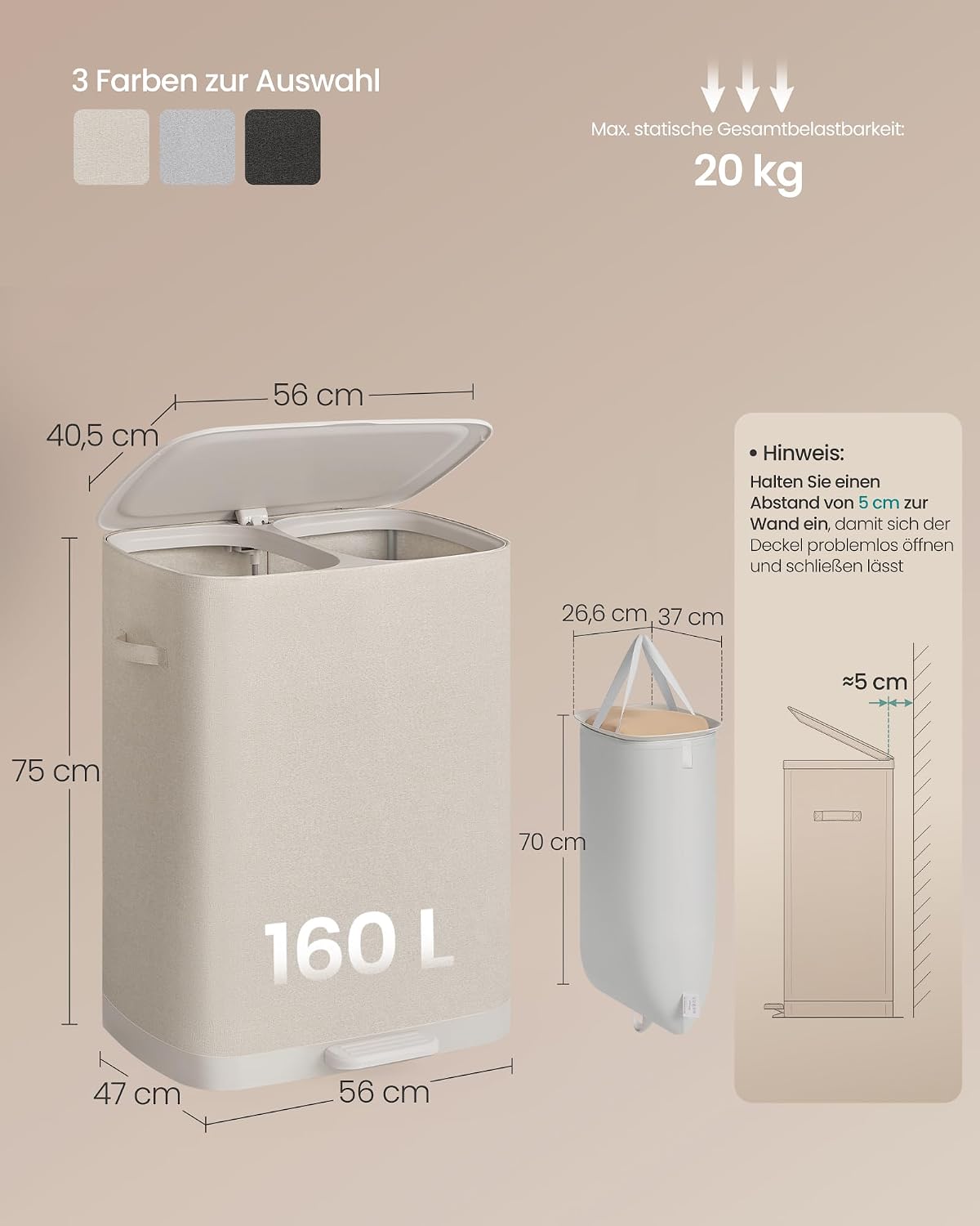 Wäschekorb 160 l 2 Fächer faltbar Cappuccino-Beige von Songmics