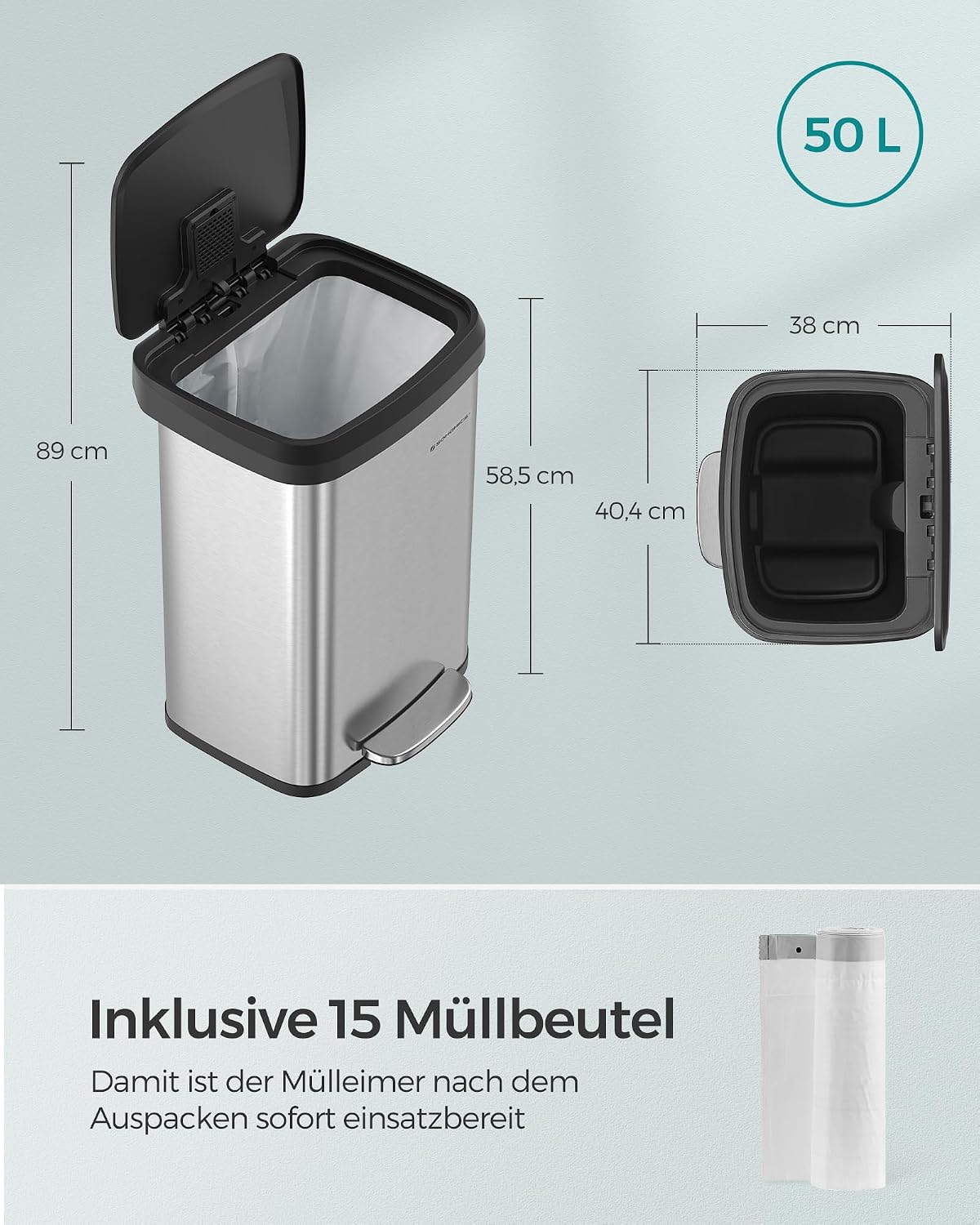 Abfalleimer 50 Liter mit Pedal Soft-Close Silber Schwarz von Songmics