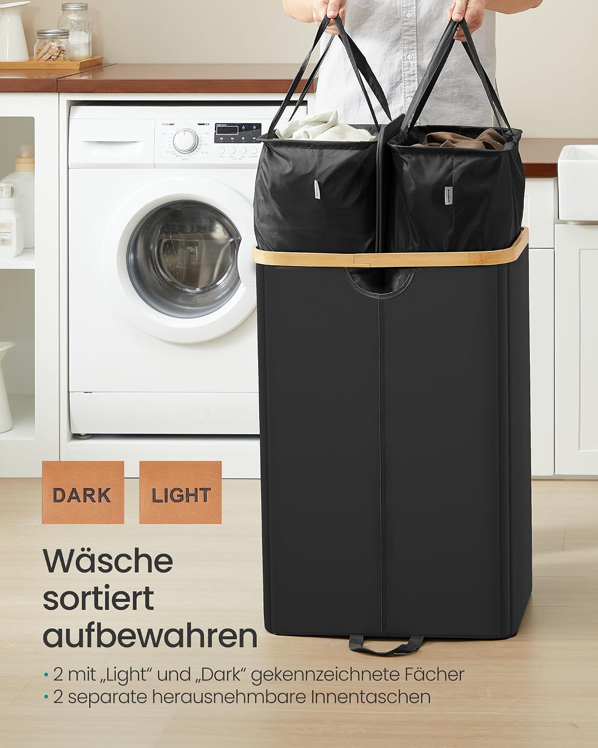 Wäschesammler 2 Fächer 150 l 52x38x75 cm Schwarz Beige von Songmics