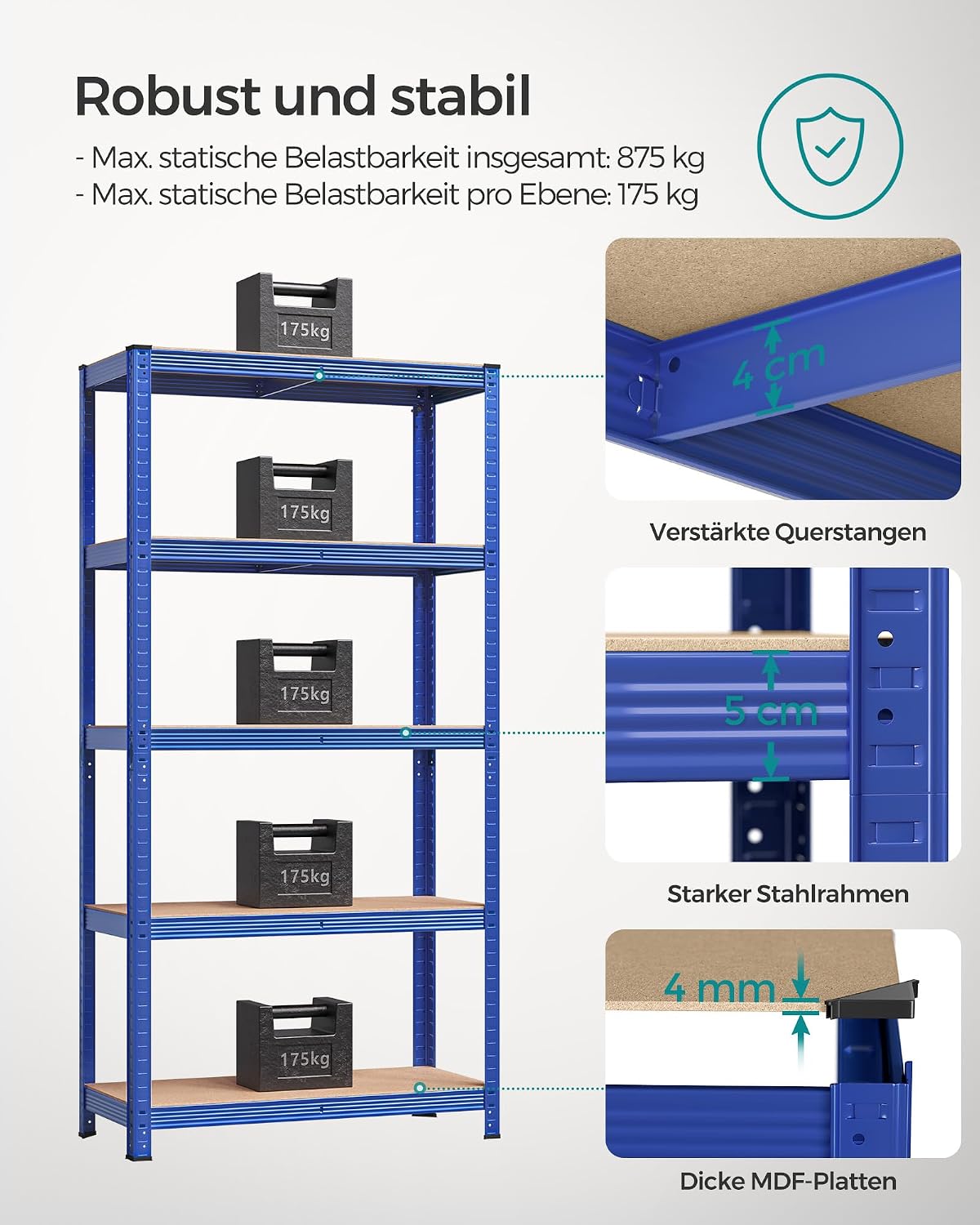 Schwerlastregal 5 Böden 40x90x180 cm 875 kg blau 2er Set von Songmics