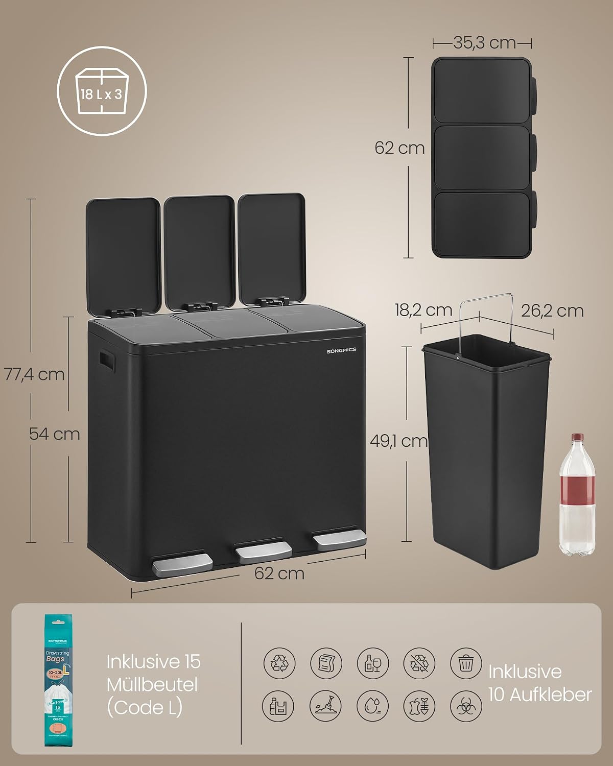 Mülltrennsystem 3 Fächer 54 l Treteimer Schwarz von Songmics