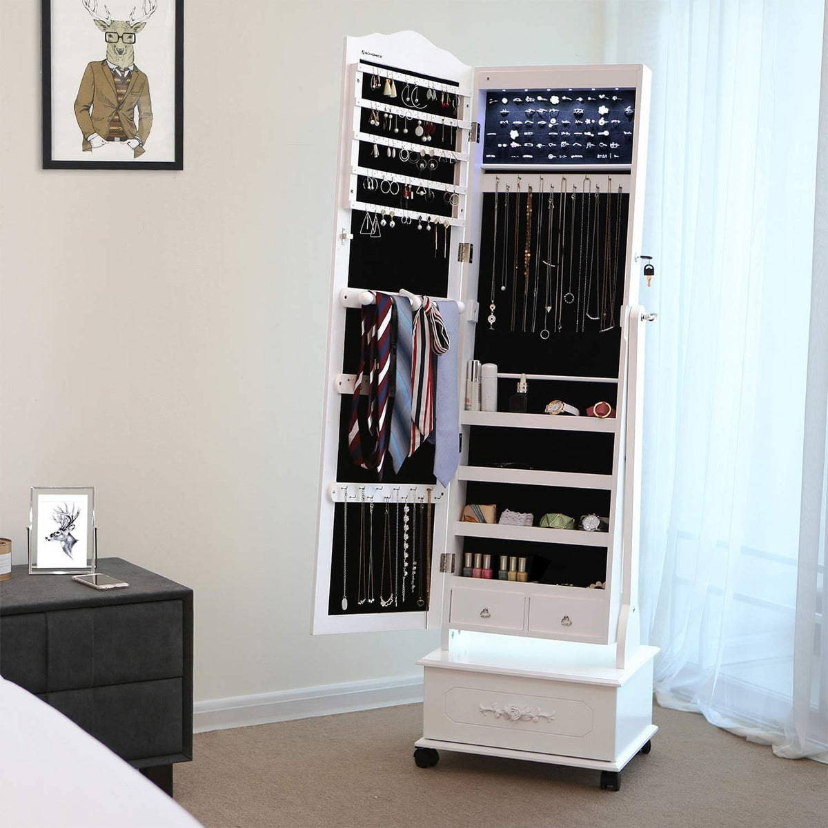 Schmuckschrank mit Spiegel LED 45x45x156 cm Weiss von Songmics