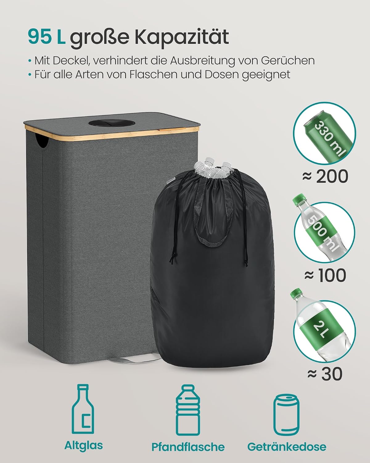 Pfandflaschen Sammelbehälter 95L mit Deckel und Innensack von Songmics