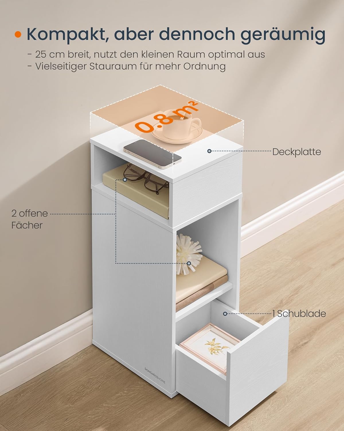 Nachttisch mit Schublade schmal weiß 30x25x59 cm von Songmics