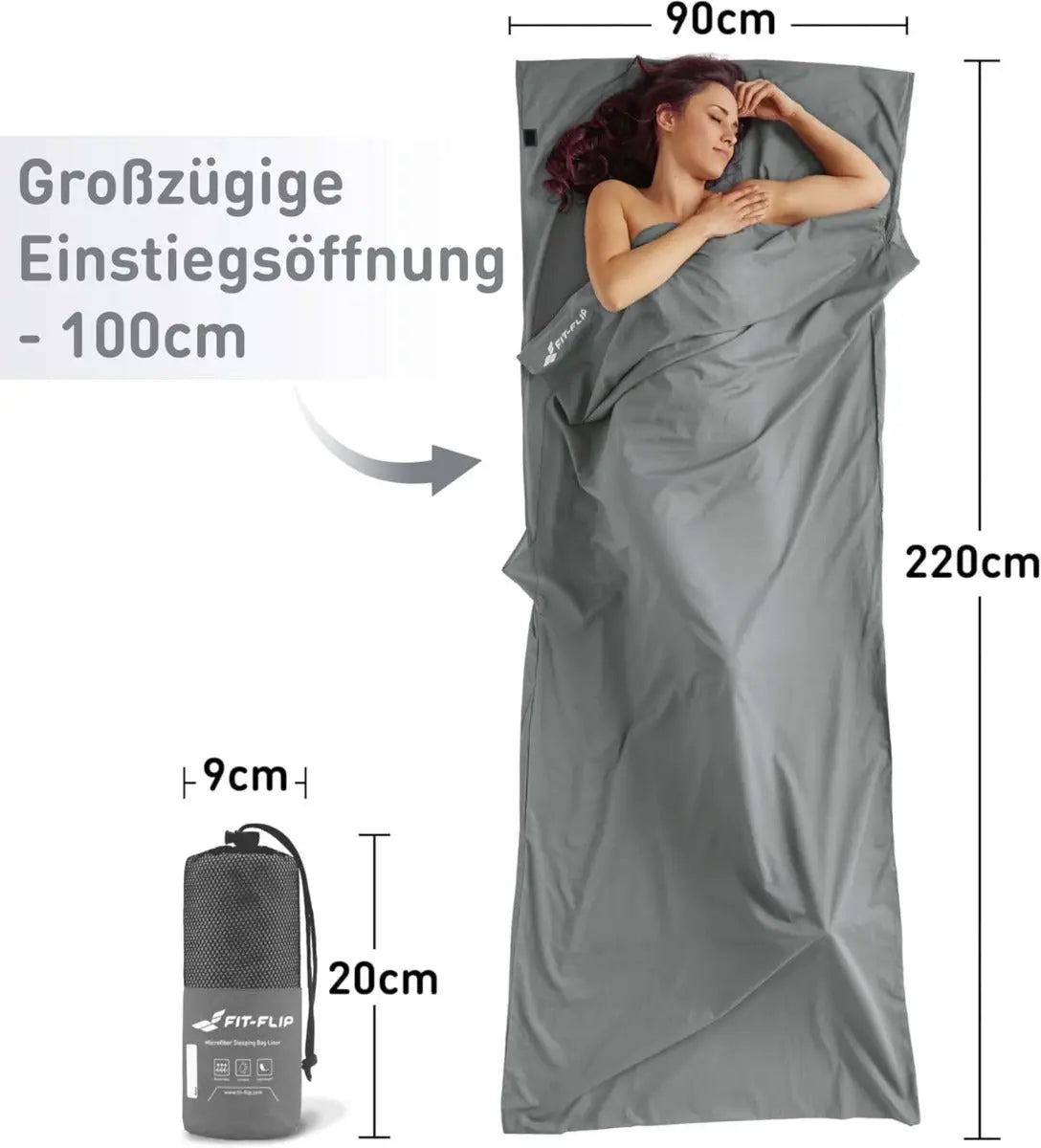 Hüttenschlafsack Mikrofaser ultraleicht mit Kissenfach 90x220cm Grau von guteszeug.ch
