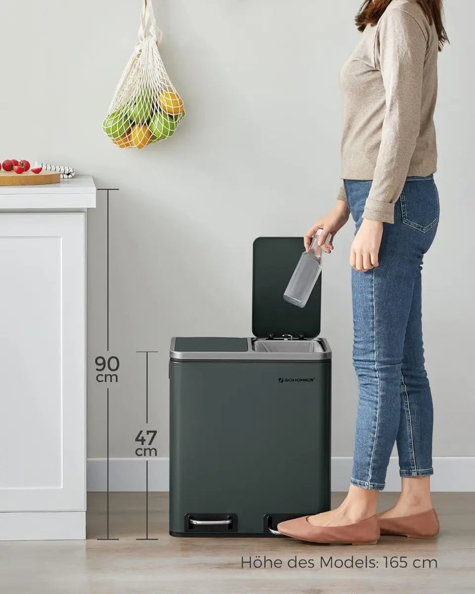 Küchenmülleimer Treteimer 2 x 15 Liter Mülltrennsystem mit 2 Fächern Grüngrau von Songmics