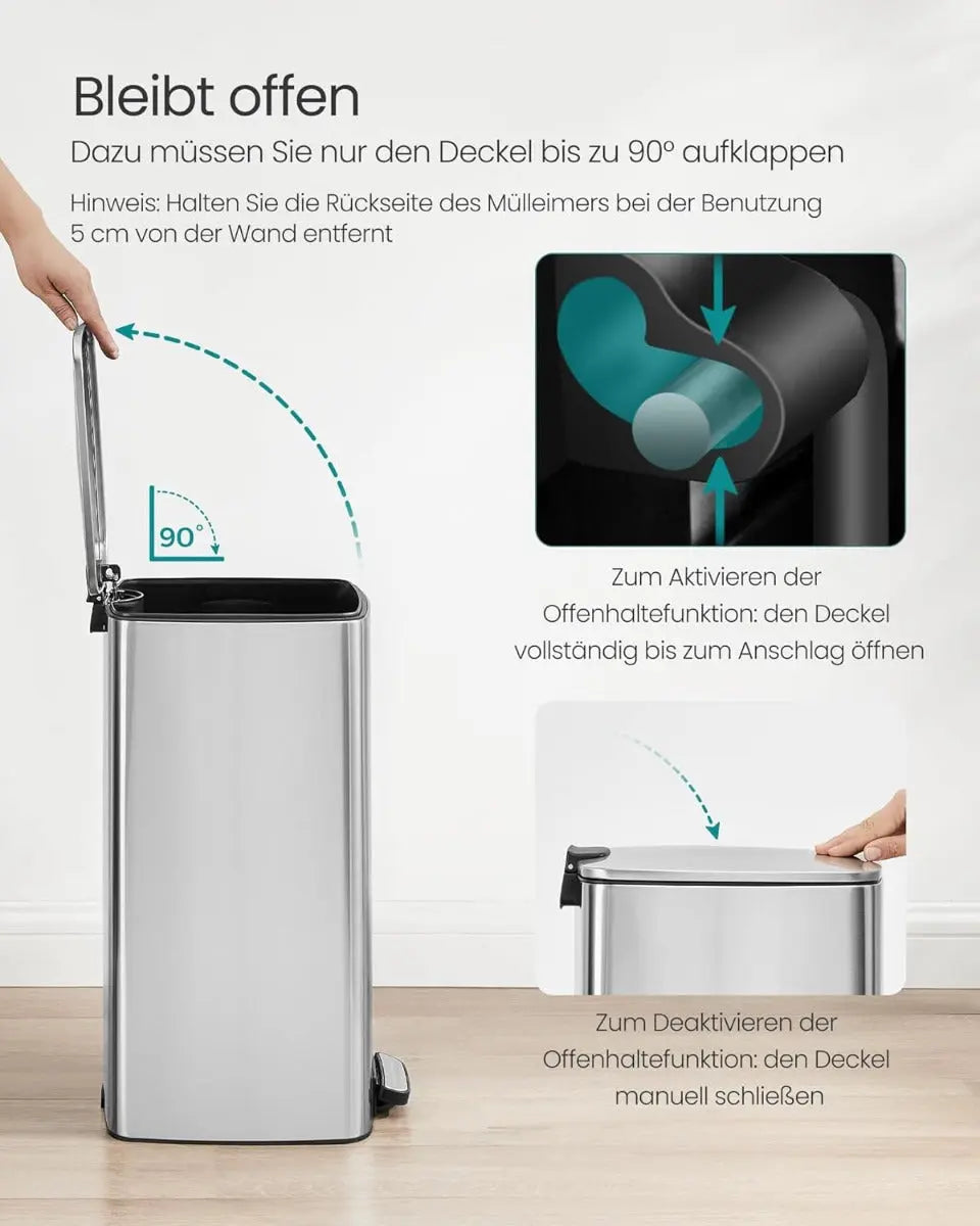 Treteimer 30L Soft-Close Silber Stahl von Songmics