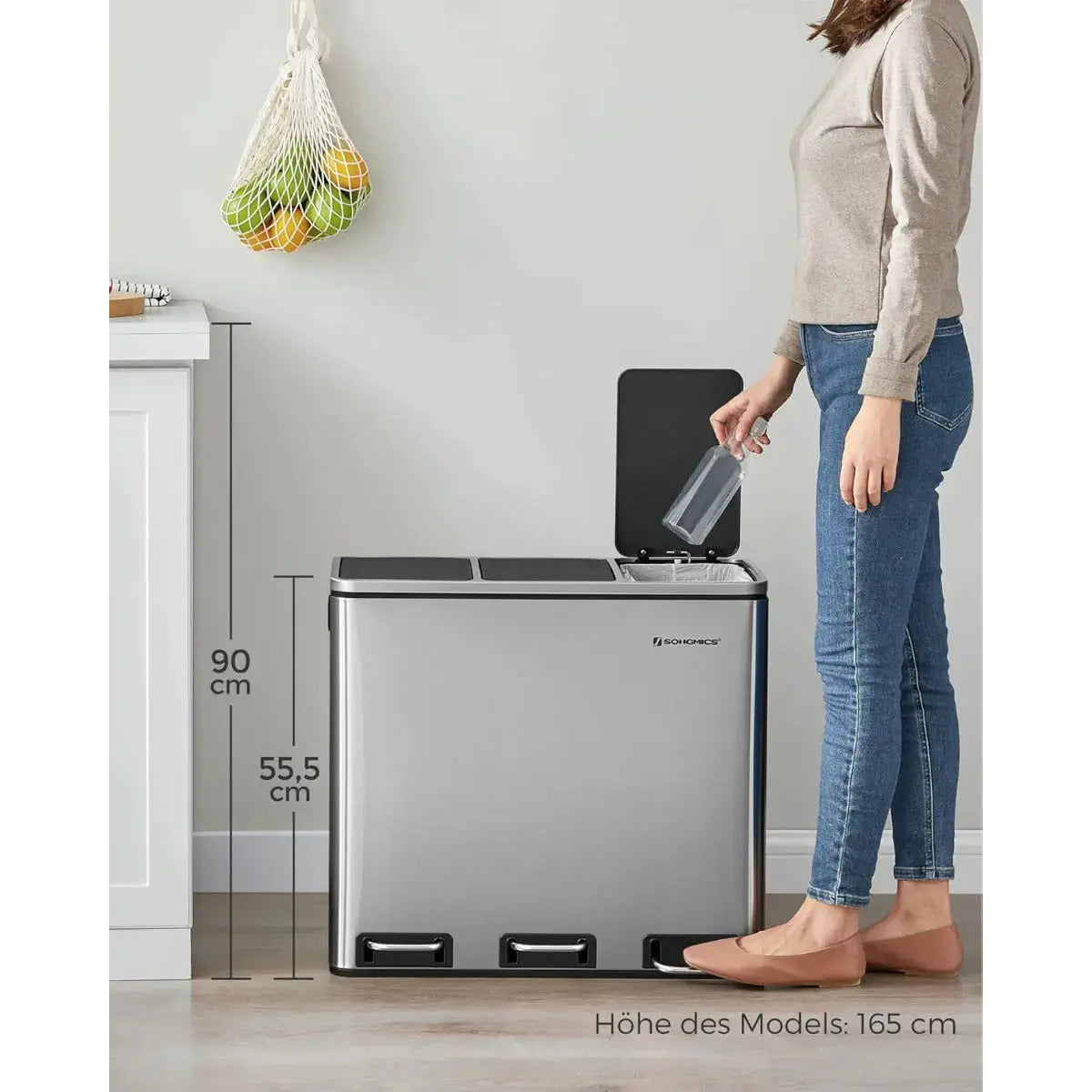Mülleimer Küche Mülltrennsystem 3 Fächer Silber von Songmics