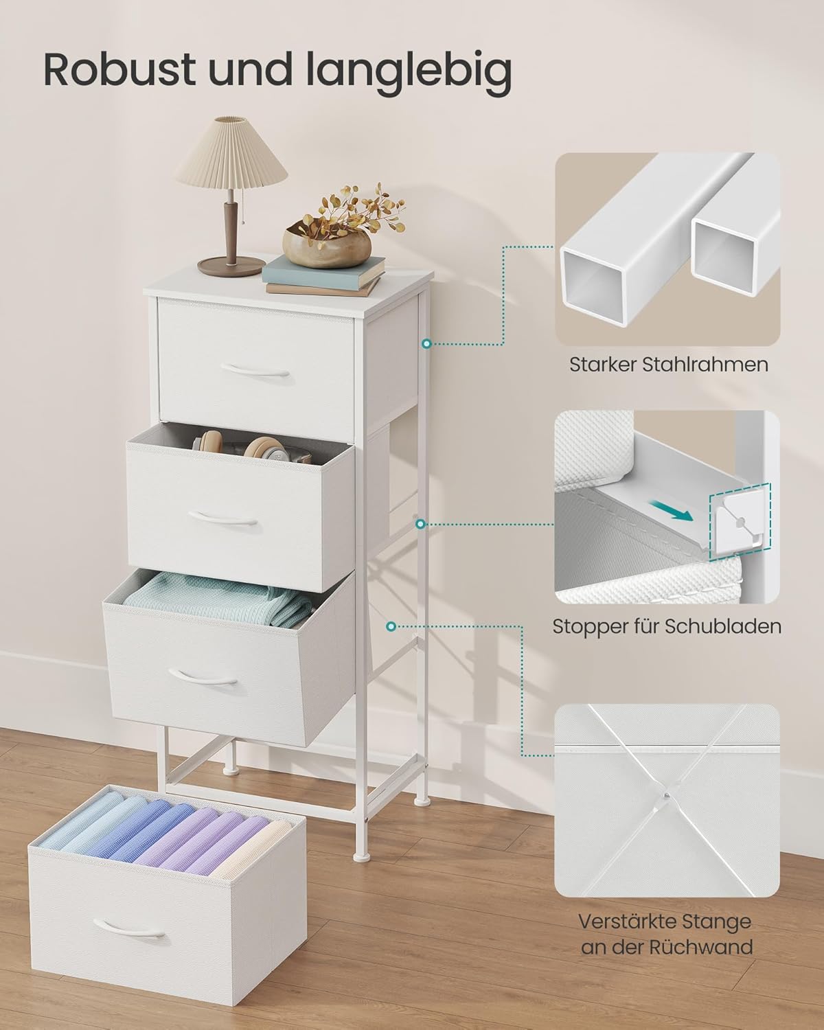 Kommode mit 4 Stoffschubladen für Schlafzimmer und Flur von guteszeug.ch