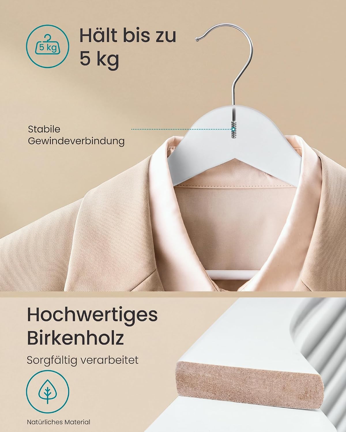 Kleiderbügel Set 30 Stück Birkenholz cloud-weiss 360° von Songmics