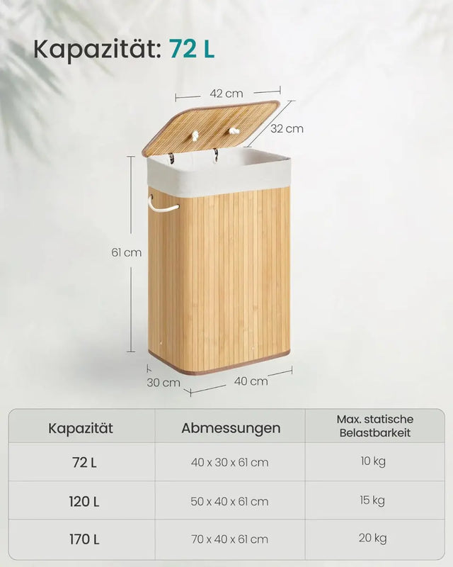 Wäschekorb Wäschesammler mit Deckel Bambus 72l von Songmics