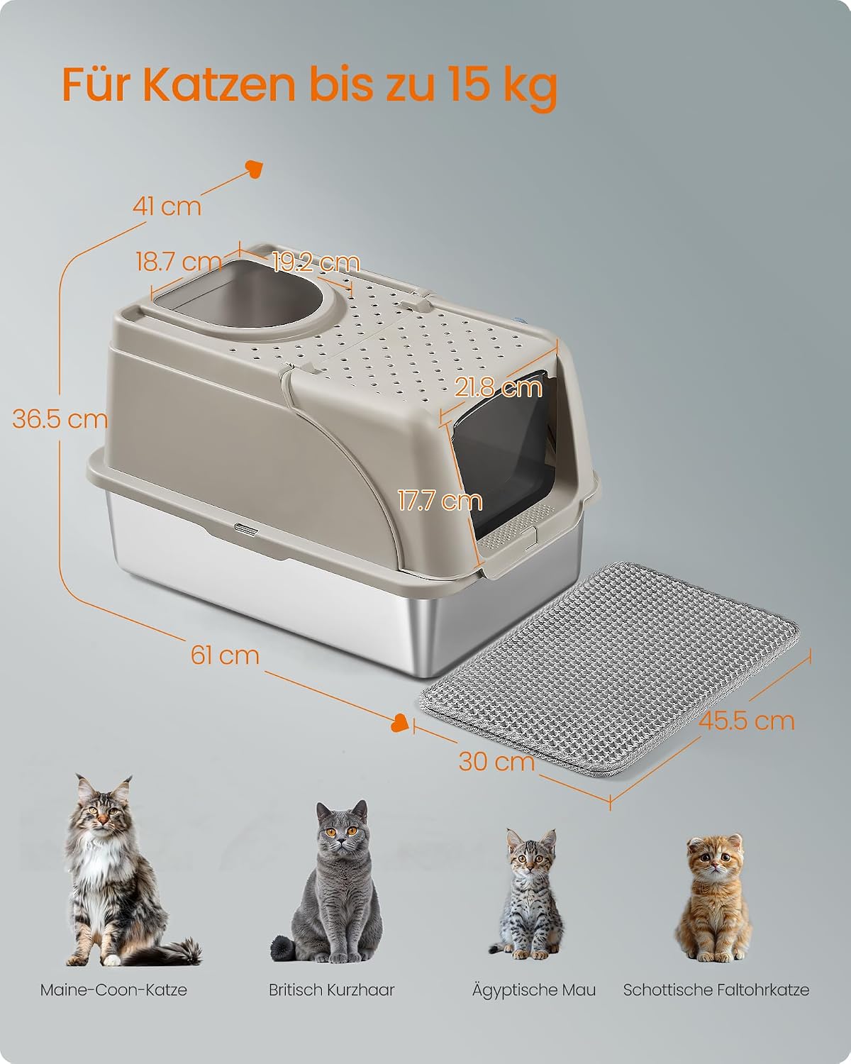 Katzentoilette XL Edelstahl mit Deckel und Schaufel beige von Songmics