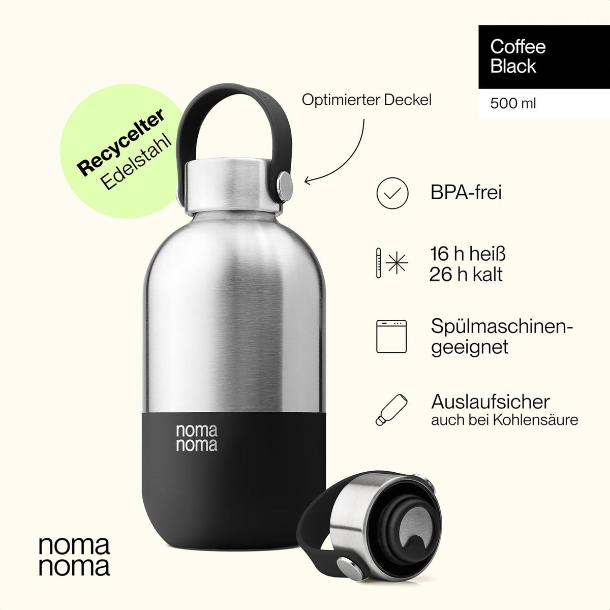 Trinkflasche Edelstahl auslaufsicher 500ml Coffee Black von guteszeug.ch