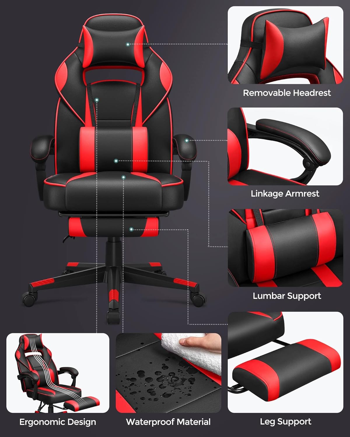 Gaming Stuhl mit Fußstütze und Kopfstütze ergonomisch von Songmics