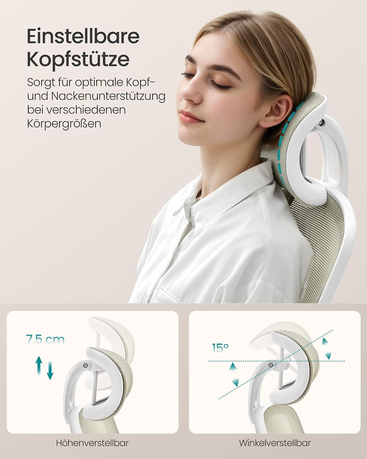Ergonomischer Bürostuhl Kopfstütze Lendenstütze Beige von Songmics