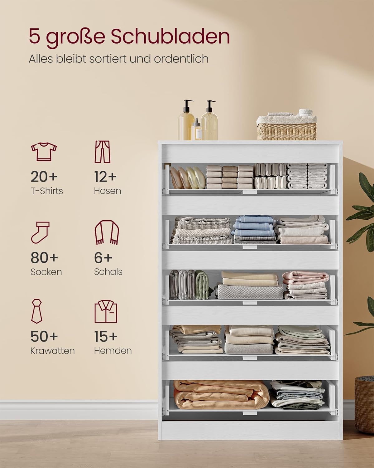 Kommode 5 Schubladen Schlafzimmer Schubladenschrank weiß von Songmics
