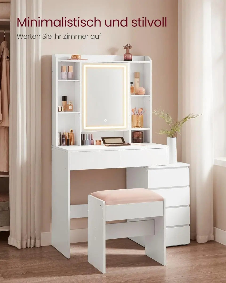 Schminktisch mit Hocker LED Beleuchtung Spiegel Schubladen Weiss von Songmics