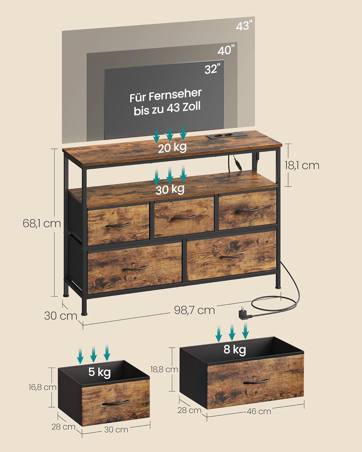 Kommode mit LED-Beleuchtung und Ladestation 5 Schubladen von Songmics