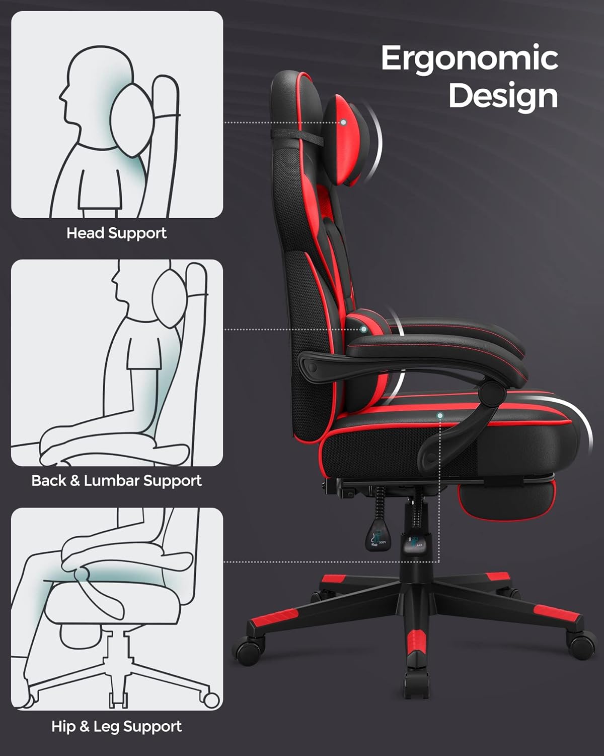 Gaming Stuhl mit Fußstütze und Kopfstütze ergonomisch von Songmics