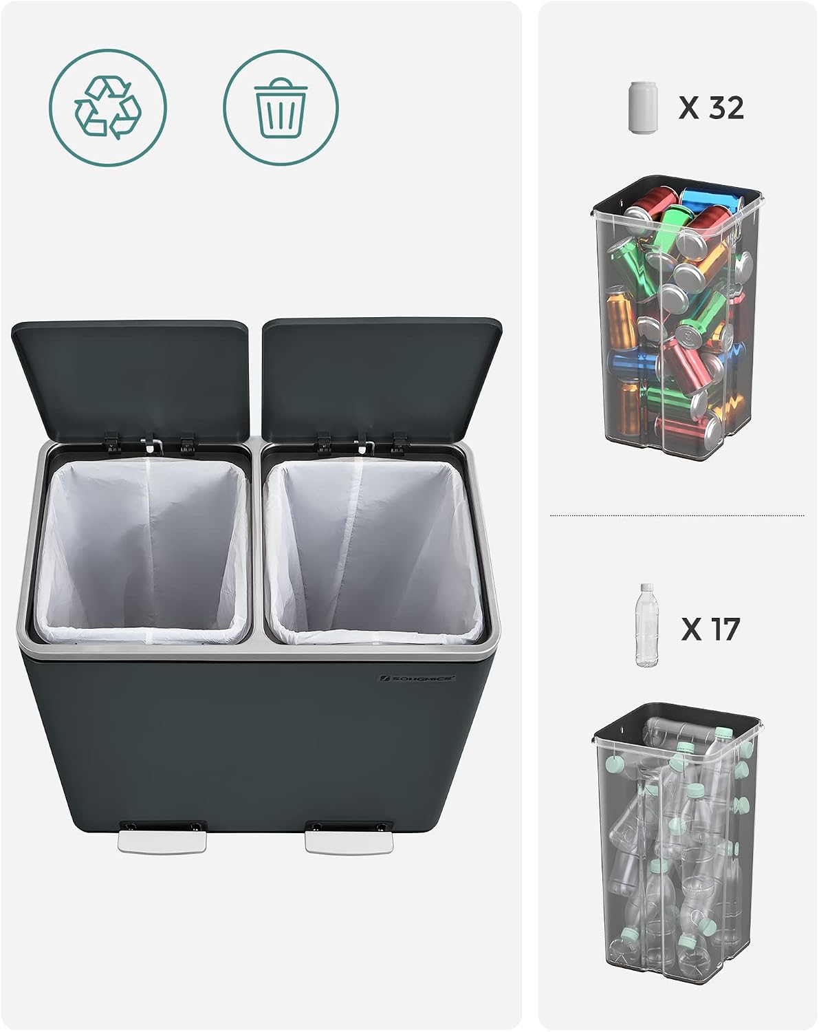 Abfalleimer 2 Fächer 48 l Edelstahl Silber 58,5x32x54,5 von Songmics