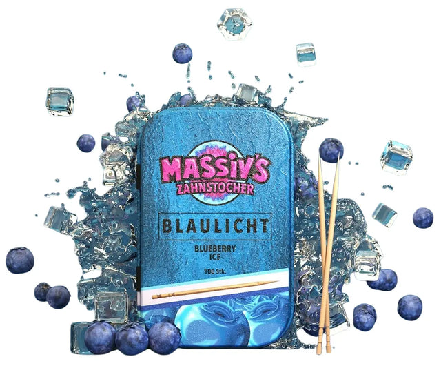 Massiv's Blaulicht Zahnstocher mit Geschmack Blueberry Ice in Metalldose von Wunder Zahnstocher