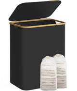 Wäschekorb 2 Fächer Bambus Griffe Schwarz von Songmics