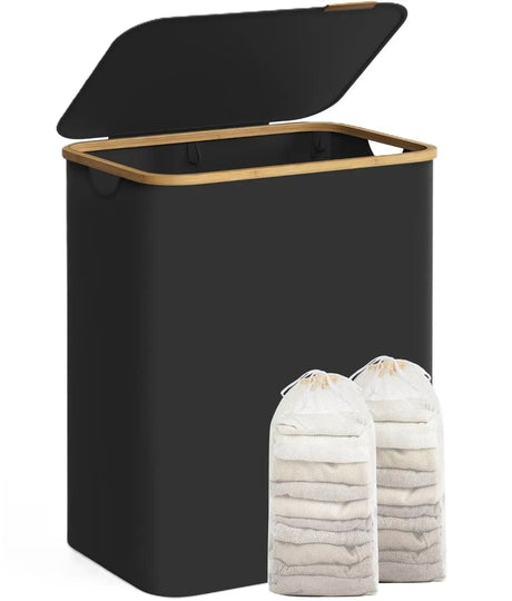 Wäschekorb 2 Fächer Bambus Griffe Schwarz von Songmics