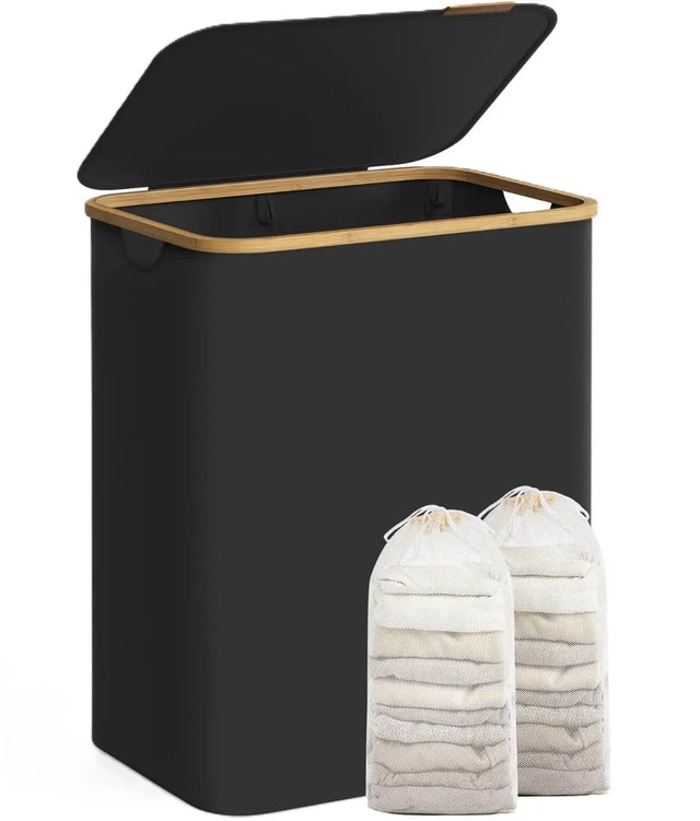 Wäschekorb 2 Fächer Bambus Griffe Schwarz von Songmics