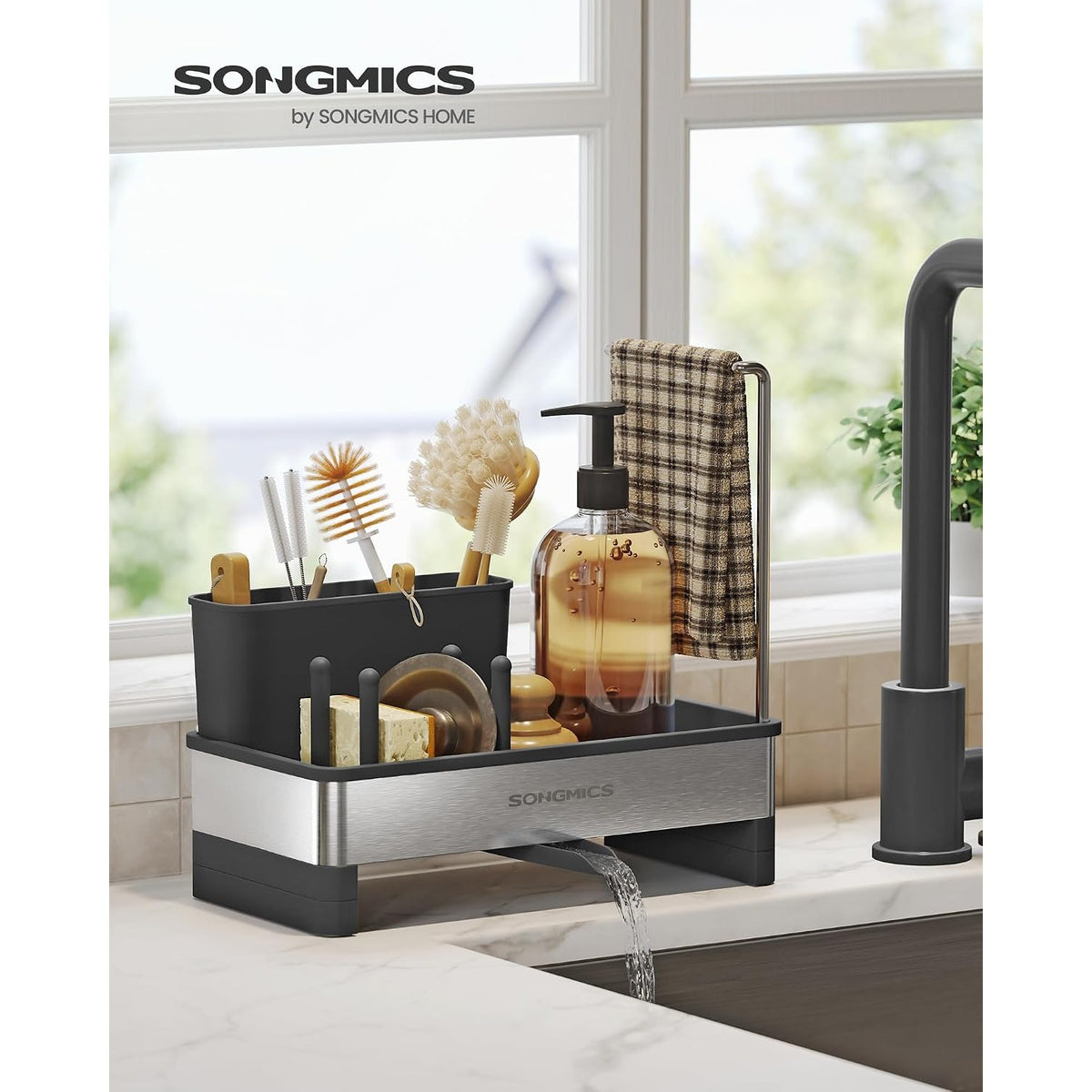 Spülbecken-Organizer 24,7x12,7x23 cm Edelstahl Schwarz von Songmics