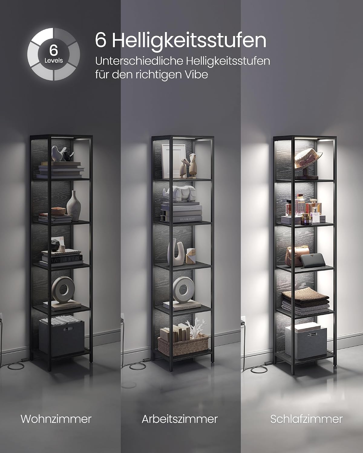Bücherregal 6 Ablagen LED Standregal 30x40x179 cm Schwarz von guteszeug.ch