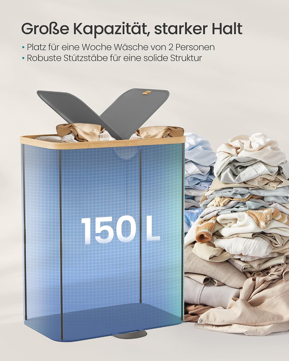 Wäschekorb 2 Fächer 150 l 52x38x75 cm Grau Beige von Songmics