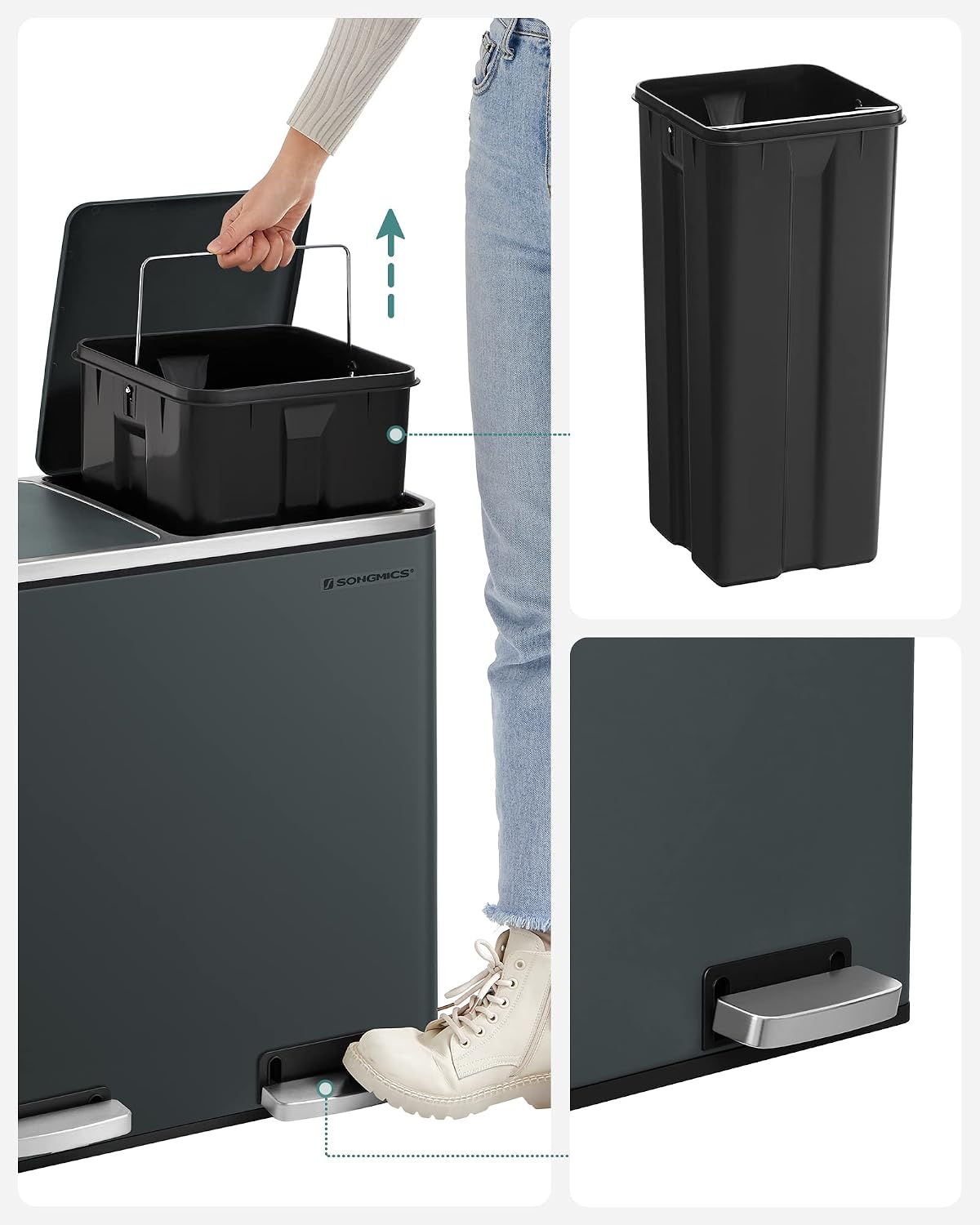 Abfalleimer 2 Fächer 48 l Edelstahl Silber 58,5x32x54,5 von Songmics