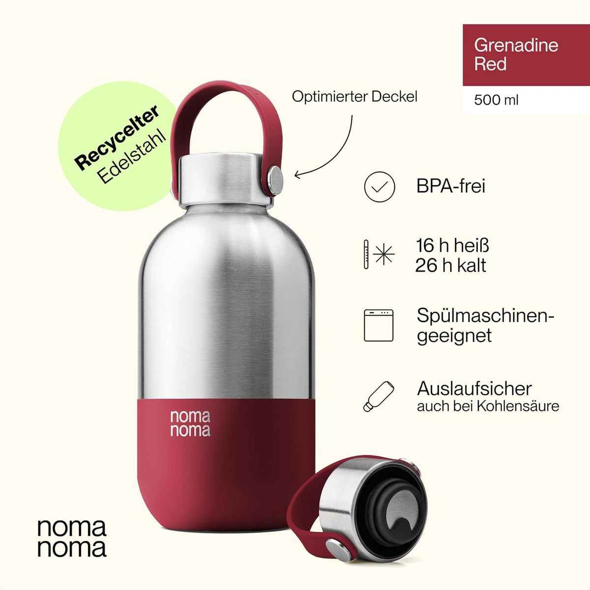 Trinkflasche Edelstahl auslaufsicher 500ml Grenadine Red von guteszeug.ch