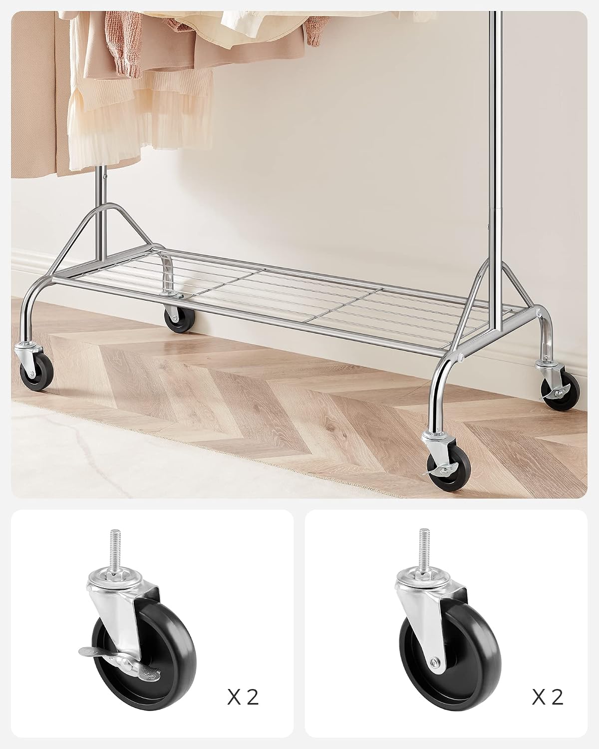 Kleiderständer 110-150 cm mit Rollen Ablage Chrom von Songmics