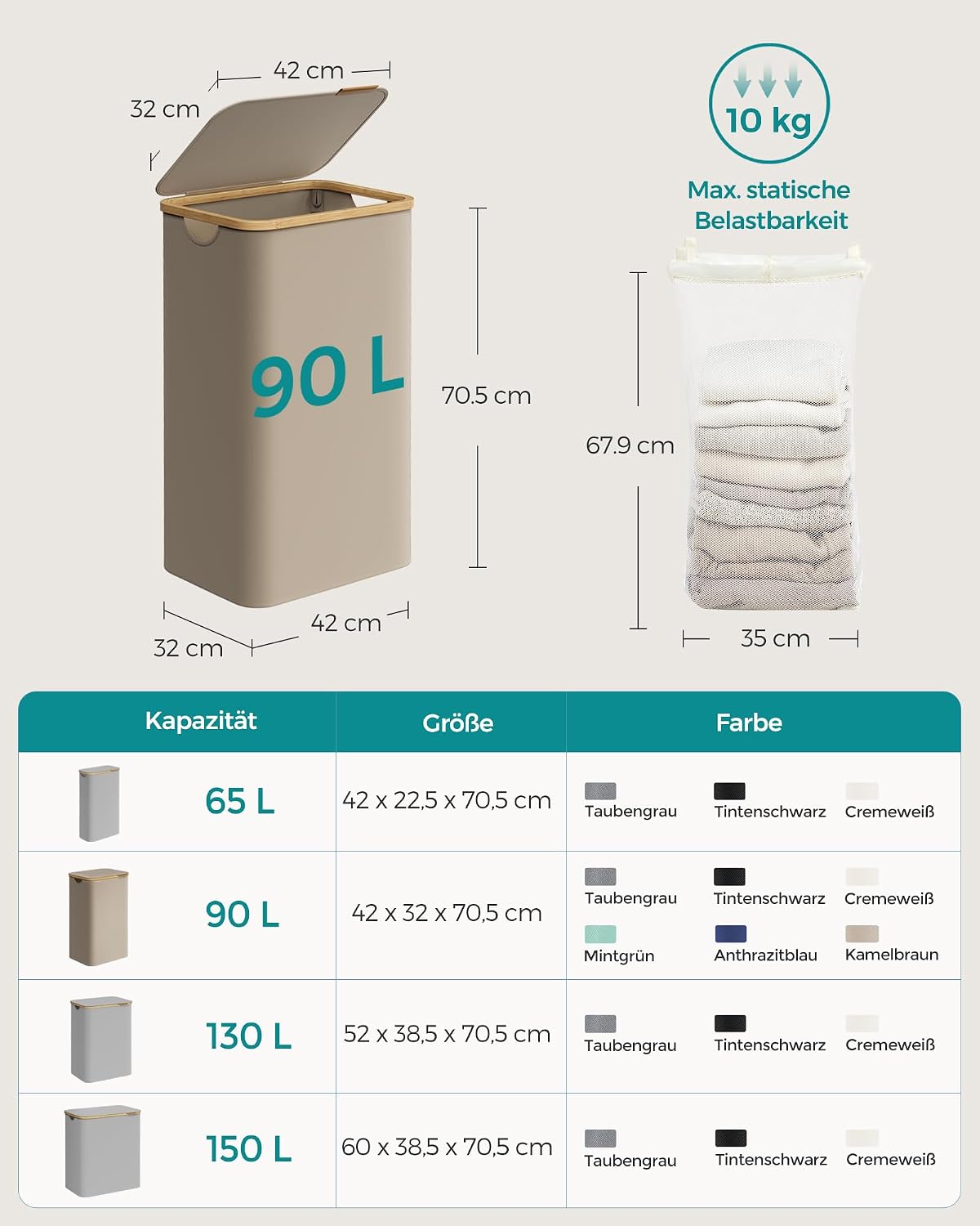 Wäschekorb 90 l mit Deckel faltbar Kamelbraun Beige von Songmics