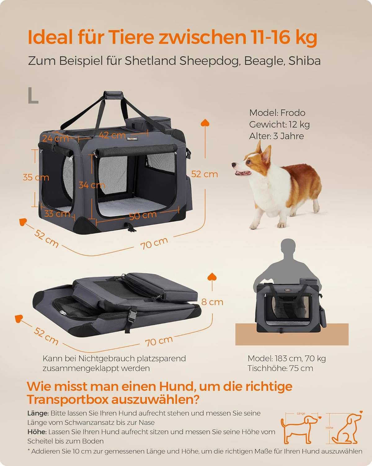 Faltbare Hundebox L 70x52cm Transportbox atmungsaktiv grau von Songmics