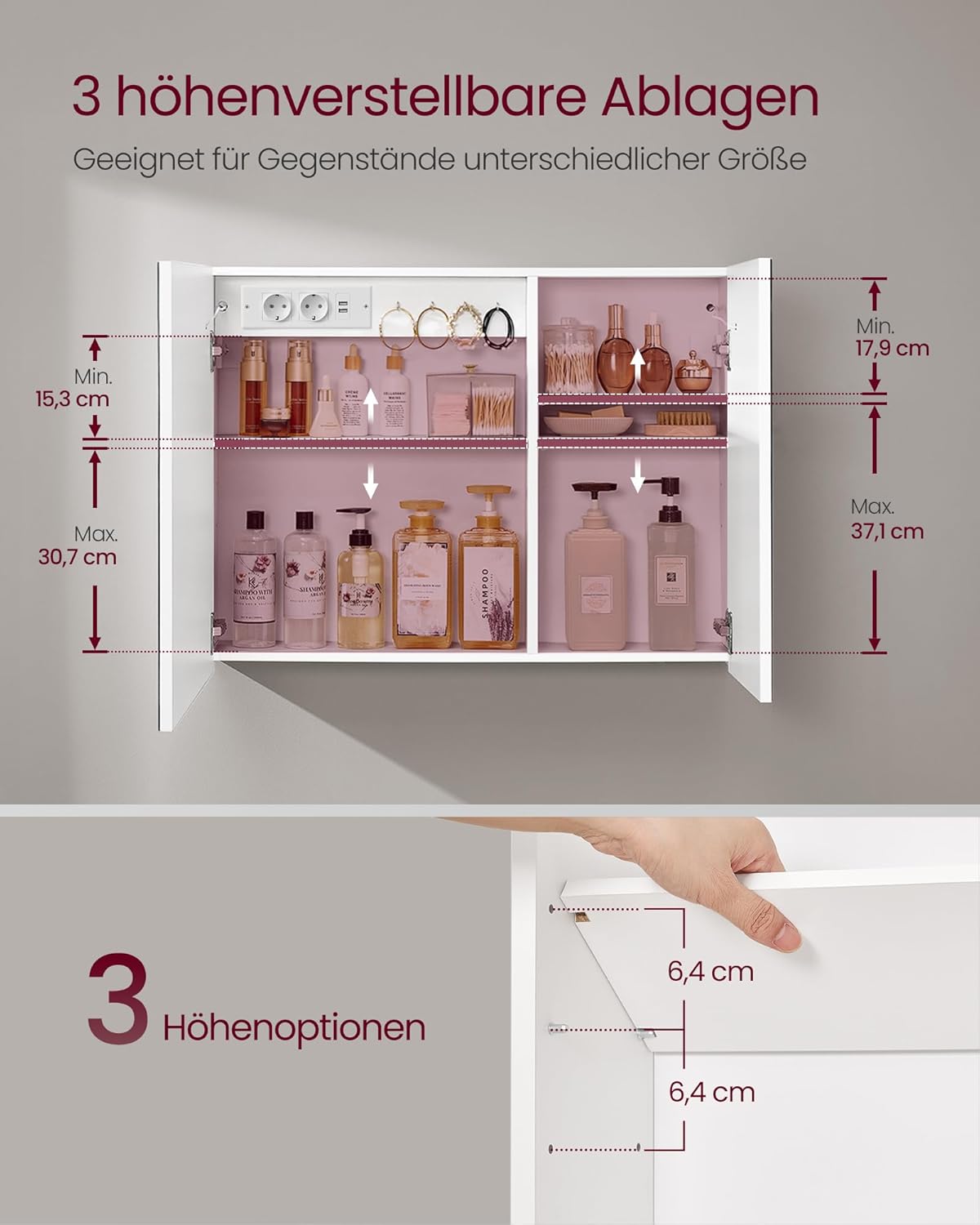 Spiegelschrank mit Beleuchtung und Steckdose 80 cm weiß von Songmics