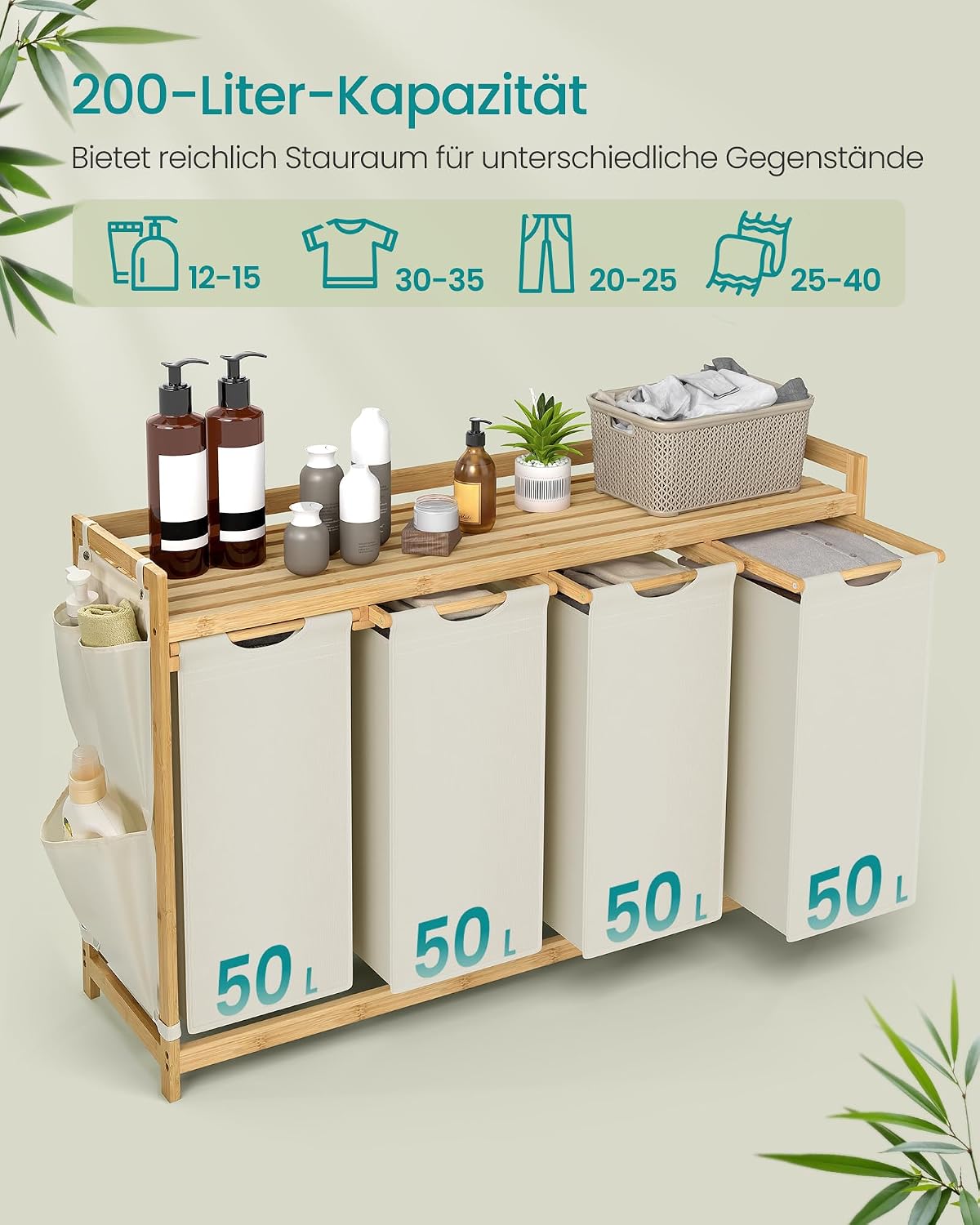 Wäschesortierer 4 Fächer 200 l Bambus Naturbeige von Songmics