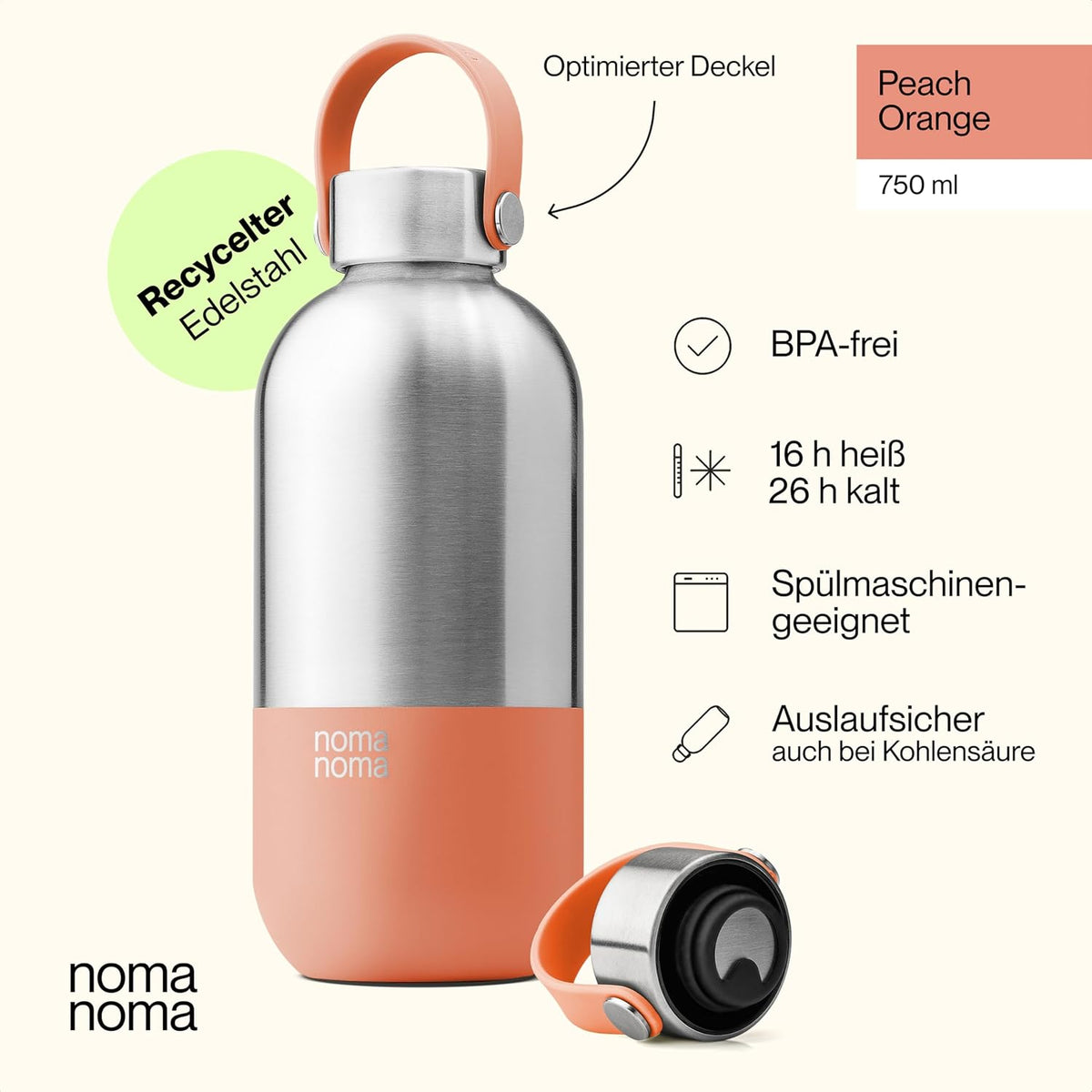 Trinkflasche Edelstahl auslaufsicher 750ml Peach Orange von guteszeug.ch