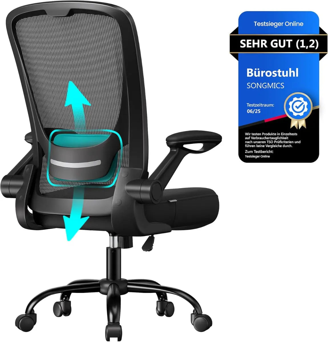 Bürostuhl Schreibtischstuhl Hochklappbare Armlehnen Schwarz von Songmics